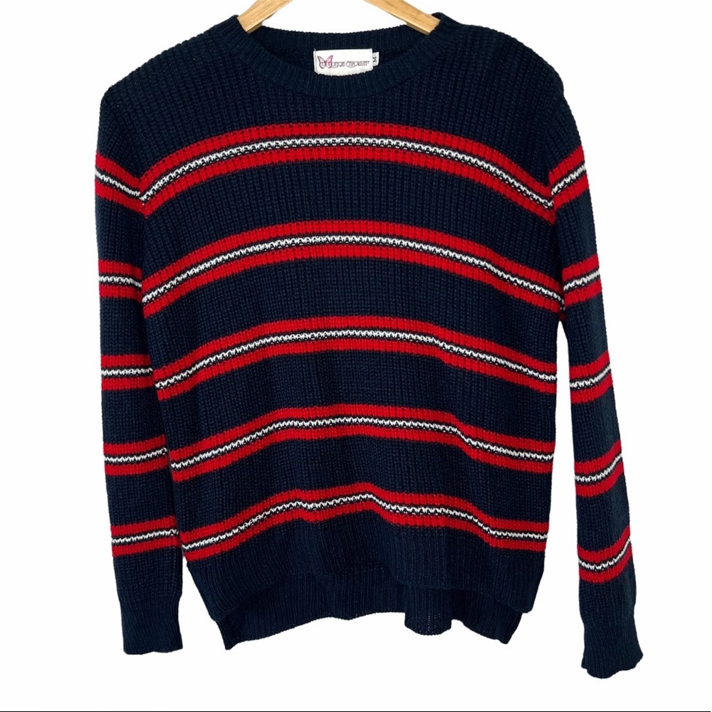 Cotton Emporium Girls Knit Crewneck Sweater in Navy Blue & Red Stripped - M